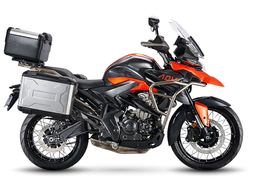 Zontes-motos-argentina-Zontes motos Argentina - Zontes T350 naranja equipada para viaje-ES Zontes motos Argentina - moto Zontes T350 naranja y negra con baúles laterales, baúl superior y defensas