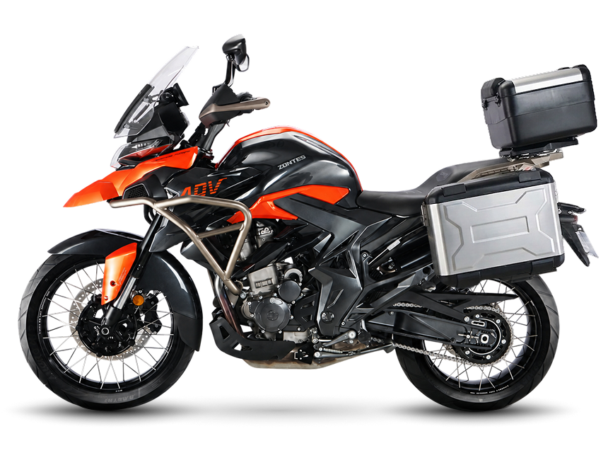 Zontes motos Argentina - Zontes T350 naranja con diseño touring Zontes motos Argentina - moto Zontes T350 naranja con baúl superior, maletas laterales y rueda delantera de rayos