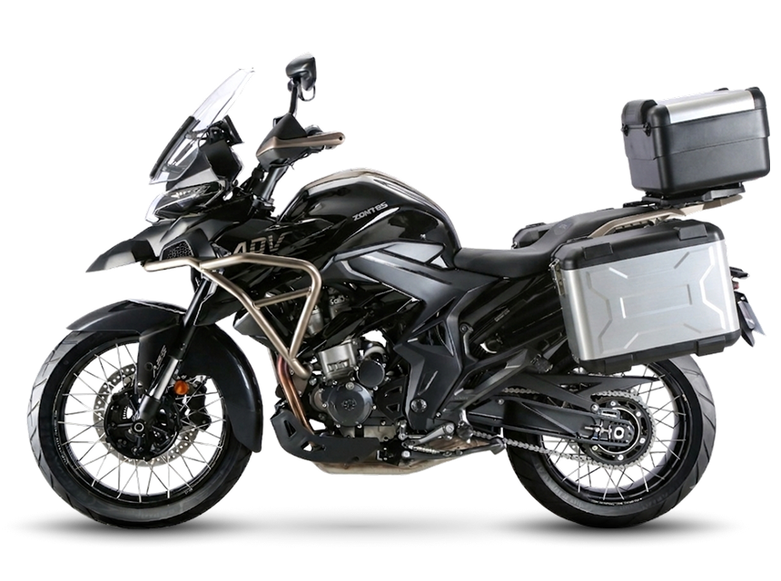 Zontes motos Argentina - Zontes T350 negra con diseño adventure Zontes motos Argentina - moto Zontes T350 negra con baúl superior, maleta lateral y frente elevado