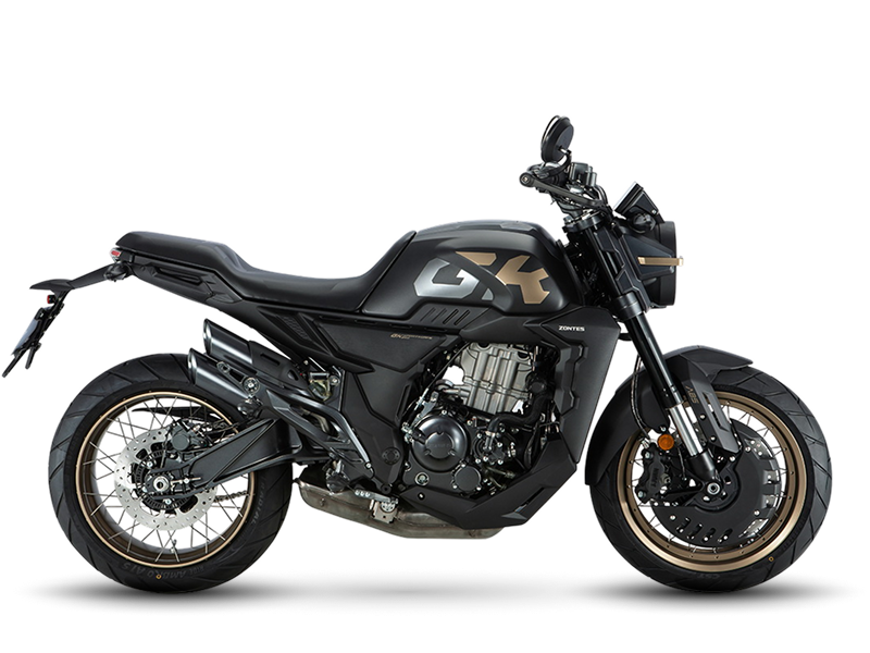 Zontes motos Argentina - Zontes 650GK negra con diseño urbano Zontes motos Argentina - moto Zontes 650GK negra con llantas doradas, faro redondo y perfil lateral