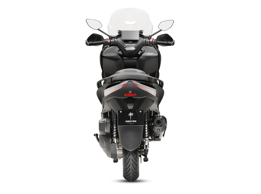 Zontes motos Argentina - parte trasera del scooter Zontes 368E ETC negro con manillar ancho y parabrisas alto