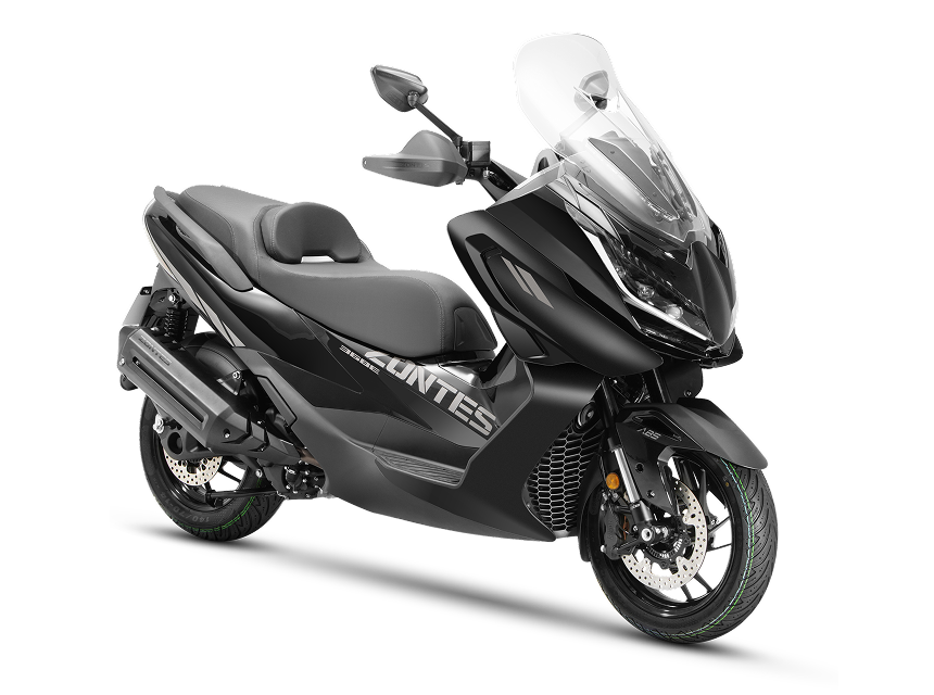 Zontes motos Argentina - scooter Zontes 368E ETC negro con frente angular, parabrisas alto y rueda delantera visible