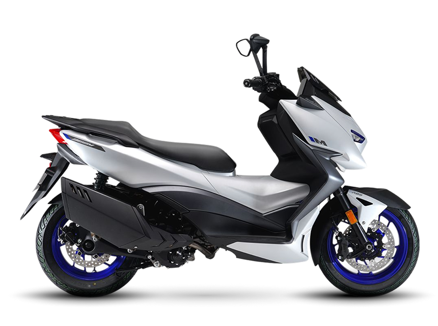 Zontes motos en Argentina - Zontes 368M en color claro con silueta urbana, parte baja negra y detalles deportivos azules. Zontes motos en Argentina - Scooter Zontes 368M de carroceria clara con perfil lateral completo, asiento corrido y llantas azules.