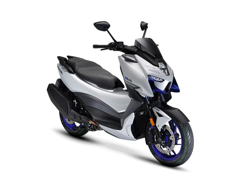 Zontes motos en Argentina - Scooter 368M con postura diagonal, superficies tensas y detalles azules en la parte frontal. Zontes motos en Argentina - Zontes 368M de color claro con frente y lateral visibles, llanta delantera azul y carenado anguloso.