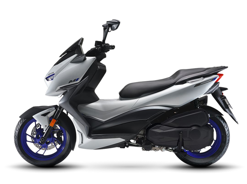 Zontes motos en Argentina - Scooter 368M con perfil lateral completo, parte inferior negra y rueda trasera de acento azul. Zontes motos en Argentina - Zontes 368M mostrando el lateral opuesto con llanta trasera azul, asiento corrido y conjunto mecanico integrado.