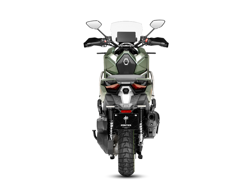 Zontes motos Argentina - Diseño posterior de la 368G ETC en color verde Zontes motos Argentina - Parte trasera de la 368G ETC verde con luces angulares y neumático central